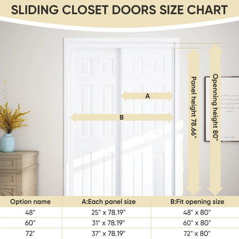 Sliding Closet Door Set 72x80 With Double 37 Panels, Six Panel Steel Frame Bypass Door, Primed And Preassembled, Size Chart