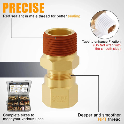 Brass DOT Air Brake Line Fittings Kit For Trucks And Industrial Systems Heavy Duty 109 Piece Assortment with hex bushing detail