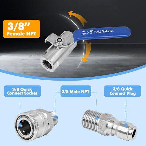 LSORPWK 3/8 inch ball valve pressure washer, 304 stainless steel, blue lever, quick-connect fittings