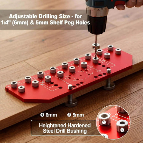 Two In One Shelf Pin And Hinge Drill Jig For One Quarter Inch And Five Millimeter Peg Slots, shown in use on wood plank