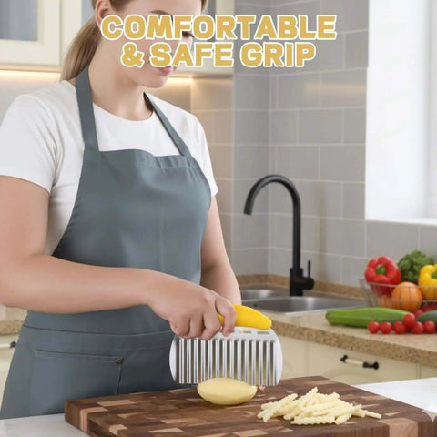 Person using Two Pack Crinkle Cutter Set For Veggies And Waffle Fries, Sharp Stainless Steel Slicers For Potatoes, Carrots, And More With Ergonomic Handles For Easy Even Slices And Restaurant Quality Plate Presentations on a potato