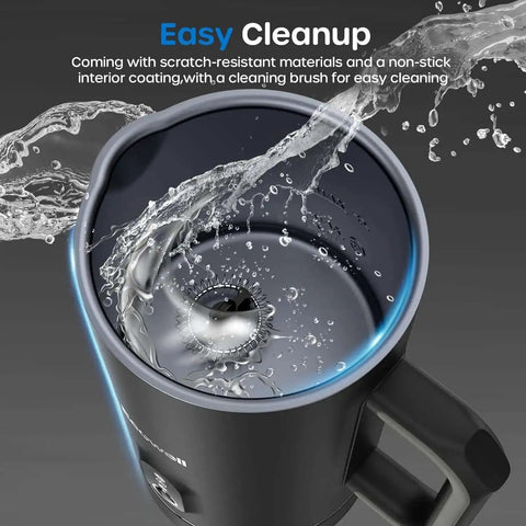 Top view of 4 In 1 Automatic Milk Frother And Steamer showing interior with water spray, highlighting easy cleanup feature.