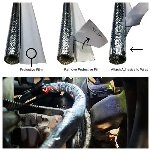 Heavy-Duty Self-Wrap Aluminum Heat Shield Sleeve With Side Entry For Hoses Wiring Harnesses And Cables In Automotive Exhaust, 39 Inch Length, Temperature Range -40C To 150C, Oil Resistant, 25 Percent Overlap, High Temp Sleeve applied to engine hoses and cables.