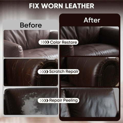 Before and After image showing leather couch restoration using Dark Brown Leather Recoloring Balm for Scratch Repair and Color Restore, 10 Oz.