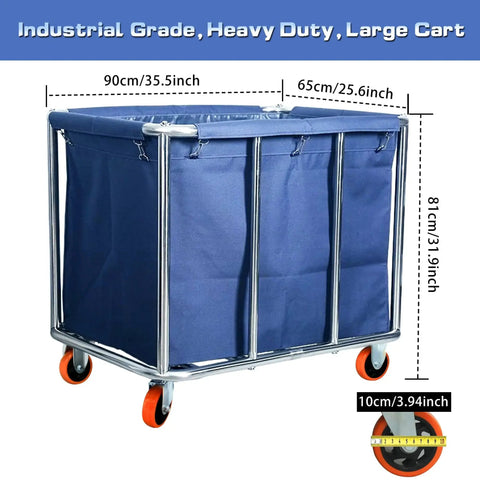 Commercial Laundry Cart Wheeled Large Capacity 400L Heavy Duty Stainless Steel Laundry Sorter For Clothes Storage Up To 330 Lbs Load Durable Welded Frame With Eight Support Pipes Blue.