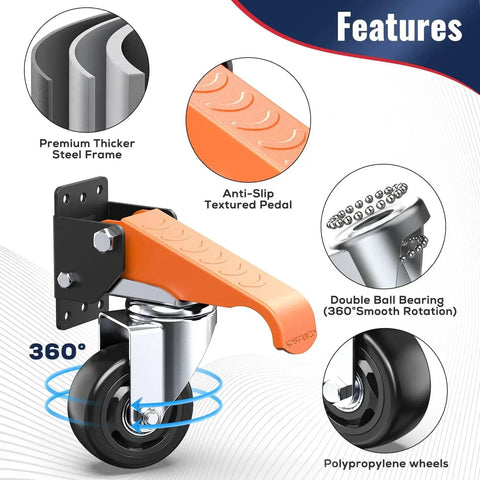 3 Inch Side Mount Swivel Workbench Castors With Step Lift Pedal For Easy Mobility Heavy Duty Caster Set detail view with wheels and pedal.