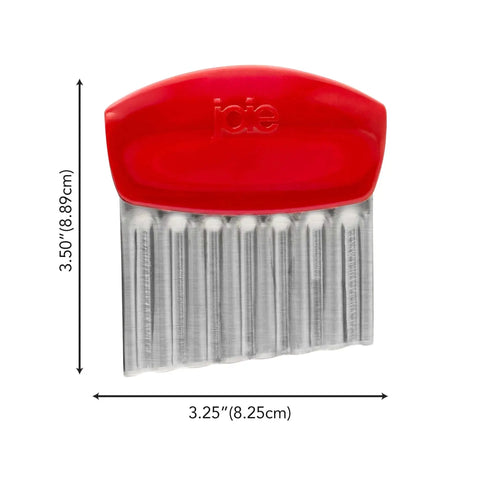 Crinkle Cutter Knife With Wavy Edge For Fries And Veggies Kids Friendly Kitchen Tool Stainless Steel BPA Free Colors May Vary Great For Fun Cooking And Holiday Stocking Stuffers Joie, front view with red handle.