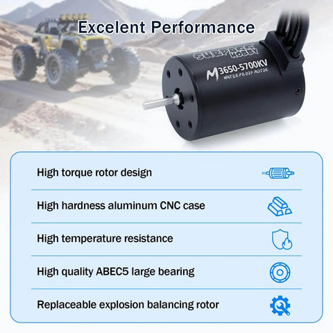 Beefy 1/10 RC Brushless Motor ESC Combo Waterproof 5700KV M3650 Brushless Motor With 60A ESC close-up view in desert terrain