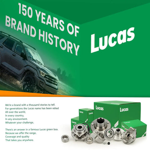 Lucas automotive parts packaging showing various hub and bearing assemblies with text about 150 years of brand history.