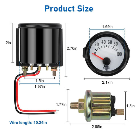 Oil Pressure Gauge 12V 2 Inch 52mm With Sensor For Car RV Truck Boat Marine Real Time Monitoring 0 To 100 PSI dimensions