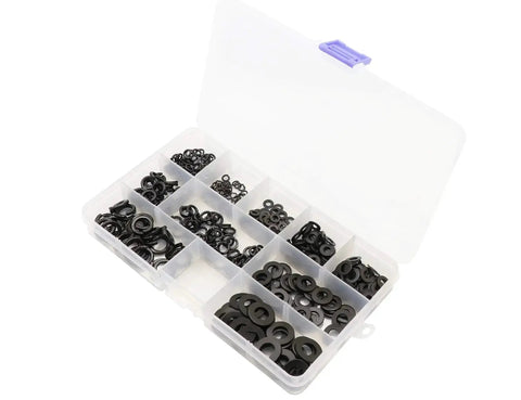 Open kit of 400 piece washer kit with flat and spring lock washers in M3 M4 M5 M6 M8 sizes, carbon steel black finish, heavy duty fasteners