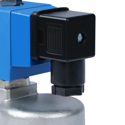 Solenoid valve, 1-inch high-pressure, blue body with black coil mounted on metal cylinder