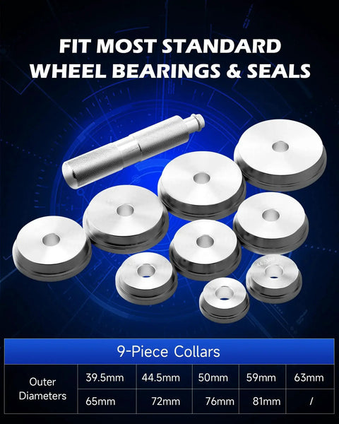9-piece collars from 2 In 1 Bearing Press And Hub Seal Installer Kit for trucks, showing various adapter sizes for precise installation