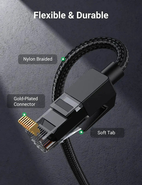Braided Cat6 Ethernet Cable 1Gbps High Speed Network Cable shielded RJ45 connector close-up showing nylon braid and gold-plated tips