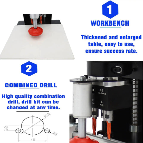Portable Electric Hinge Boring Insertion Machine for Woodworking showing workbench and 45 9.5 combined drill components