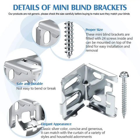 Six Pack Mini Blind Brackets 1.18X1.18 Inch With Screws, showing close-up of silver bracket and screw for window blind installation