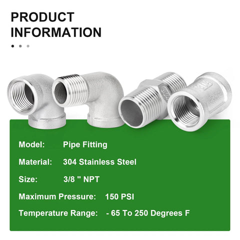 TAISHER 8pc 304 stainless steel pipe fittings kit with 90-degree elbows, hex bushings, and 3/8 in NPT couplings