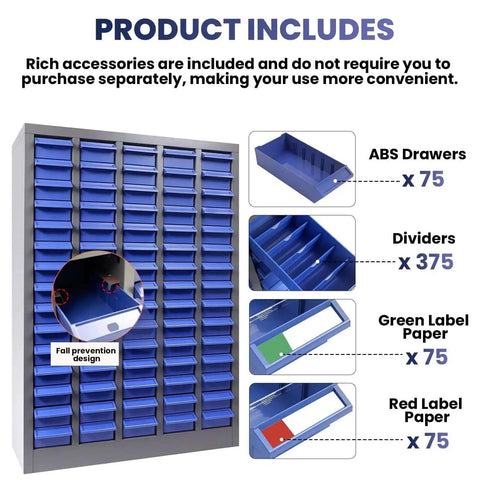 75 Drawer Parts Cabinet For Garage And Workshop with ABS drawers, green and red label paper, and 375 dividers shown
