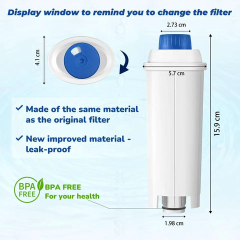 Front view of Mutital coffee machine filter cartridge with blue cap; activated carbon water filter.