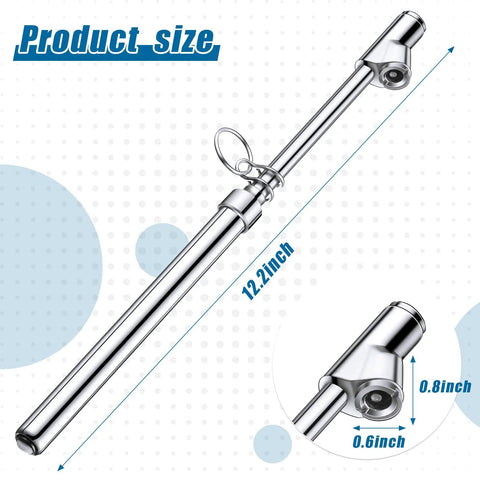 Tire pressure gauge, dual-head, chrome finish, 12.2-inch long metal rod.