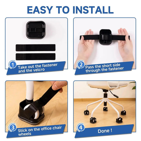 Installation steps of Five Pack Office Chair Caster Pads With Felt Backing For Scratch Prevention And Quiet Rolling.
