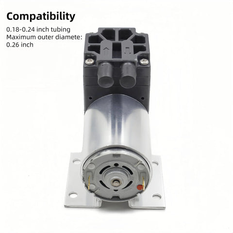 DC 12V oil-free vacuum pump with mounting base, 5 L/min, 120 kPa, metal body and black top with dual ports