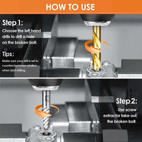 14Pcs Screw Extractor And Left Hand Drill Bits Set for removing stripped screws and broken bolts shown during use with instructions.