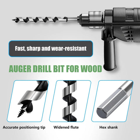 1 Inch Wood Auger Drill Bit For Woodworking Eleven Point Eight Inch Long 26x300mm Hex Shank Half Inch For Hard Wood Soft Wood Plywood And Plastic Durable Auger Bit For Diy Projects And Cabinet Making displayed with positioning tip, widened flute, and hex shank details