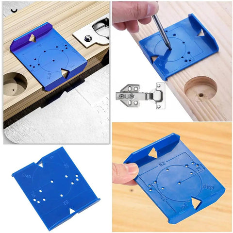 Precise, portable hinge jig and punch locator drill guide set helps you position holes for concealed Euro hinges on full overlay cabinet doors, delivering quick, soft opening installation with four pack reliability, shown in use and close-up views in blue ABS material.