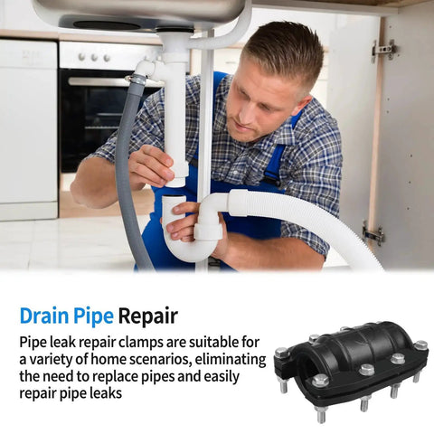 Man installing Water Pipe Repair Clamp Kit Leak Sealer For Plastic And Metal Pipes 25mm OD One Inch Emergency Patch Kit under sink