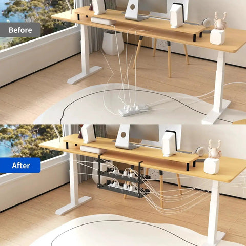 Before and after using Extendable Under Desk Cable Management Tray With Clamp For Multiple Models Metal Cord Organizer And Power Strip Holder