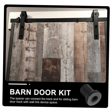 Four Pack Replacement Carbon Steel Track Spacers Set For Barn Doors And Sliding Door Hardware Heavy Duty Connector Spacers To Fix Tracks To Wall Ideal For Garage Basement Farmhouse Doors And Wall Mount Tracks shown installed on a barn door.