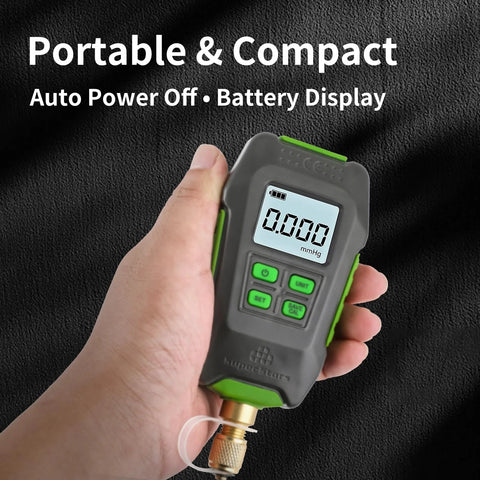 SuperStars handheld digital micron vacuum gauge with 1/4 inch SAE fitting, LCD backlit display, green/gray housing