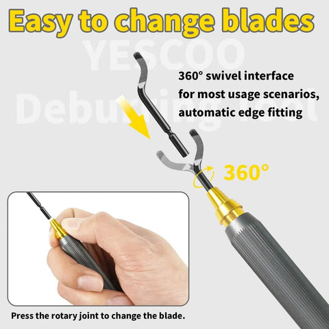 Close-up of Dual Head Deburring Tool with rotatable head showing blade changing feature for 3D printing and metal work.