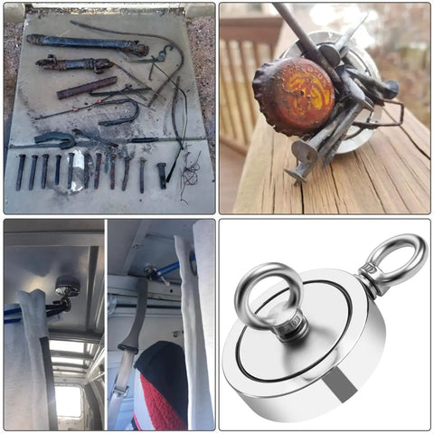 1725LB Heavy Duty Magnet Fishing Kit With Double Sided N52 Neodymium Magnets, showcasing components and recovered items.