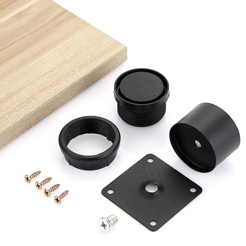 Components of Four 2 Inch Stainless Steel Furniture Legs Set with mounting screws and riser parts on a wooden surface.