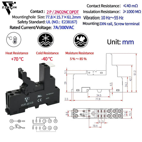 Diagram of 2P 2NO2NC DPDT socket base with dimensions and resistance details for Six Pack Mini Relay Switch 8 Amp 110 To 120V AC DPDT 2NO 2NC Socket Base With Test Button Indicator LED Light Screw Terminal DIN Rail Mount Great For PCBs And Control Panels UL CE Certified.