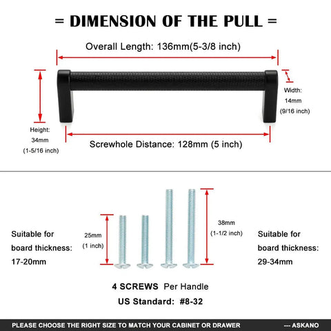 Dimensions and screws of 10 Pack 5 Inch Knurled Black And Nickel Cabinet Pulls Matte Black And Brushed Nickel Cabinet Handles