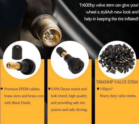 High Pressure Tire Valve Stems Heavy Duty Brass Rubber Snap In Valve Stems 100 Pack with brass core and black finish.