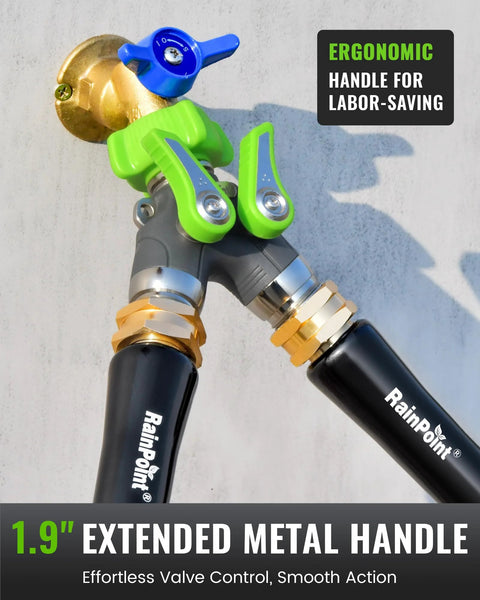 RainPoint 2-way garden hose splitter with metal body, green lever handles and blue knob, 3/4 GHT thread.