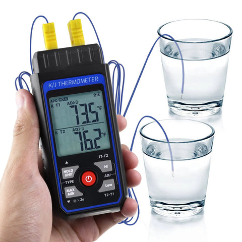 Dual-Channel K/J Thermocouple Thermometer with four K-type probes; blue case, yellow plugs, testing two water samples.