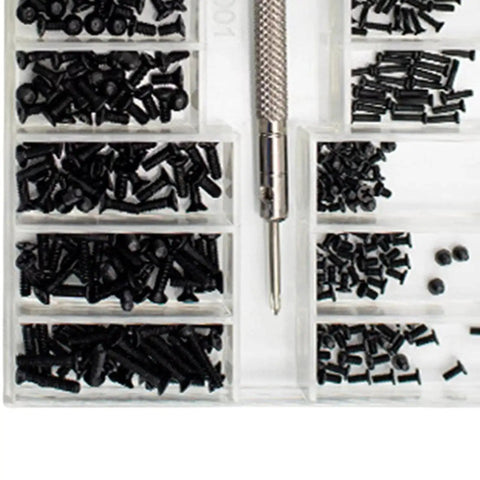 Laptop Micro Screw Kit Pack With 18 Metric Sizes M1.2 M1.4 M2, showing various screws in compartments, stainless steel tool visible.