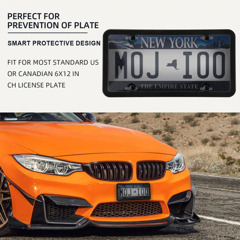 2 Pack Smoked License Plate Covers And Frame Shield Combo For Cars Slick Durable Unbreakable Tinted Cover Bubble Design Plate Holder With Screws And Caps Fits All Standard US Plates Black, displayed on a car with a New York license plate.