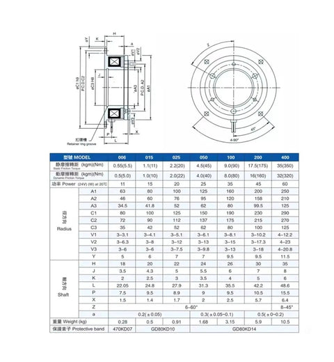 LB100 Series dry single-plate electromagnetic brake, 24V; side and front dimensional views.