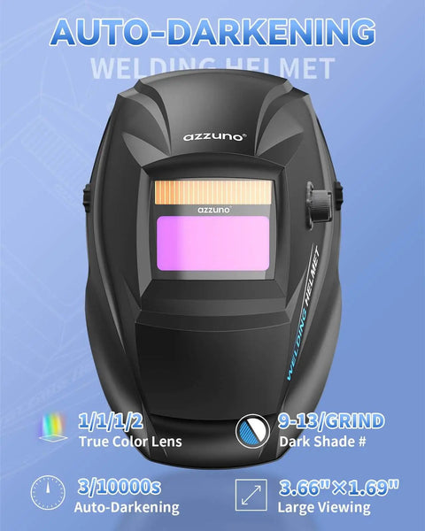 Auto-darkening welding helmet with features highlighted such as true color lens and large viewing area.