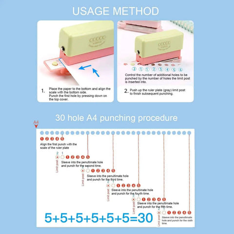 Instruction diagram for Grab And Go 5 Hole Paper Puncher Mini Handheld Circle Punch Tool for A4 A5 B5 Paper Sizes, showing punch method.