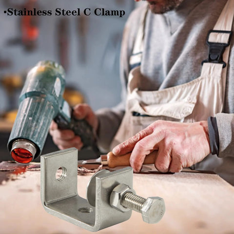 Stainless steel C-clamp with bolt and 47mm wide jaw opening for heavy-duty woodworking