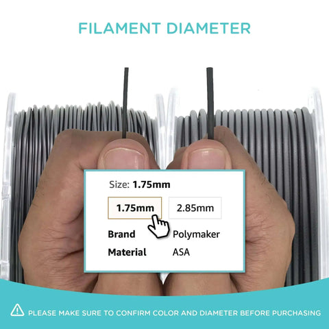 ASA 3D Printing Filament 1.75mm Black 1kg Dope Weather Resistant And UV Safe Outdoor Grade displayed with diameter gauge