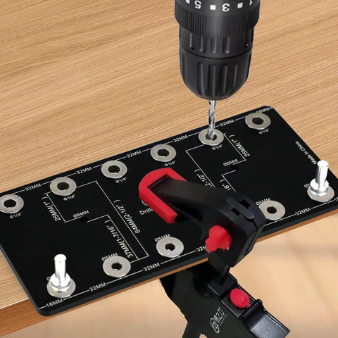 Aluminum Shelf Pin Drilling Jig For One Quarter Inch And Five Millimeter Holes, Pro Cabinet Hardware Template in use