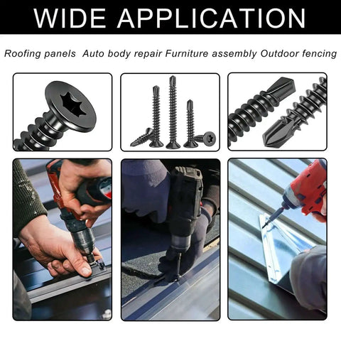 Heavy Duty Torx Drive Self-Tapping Screws for Metal shown with drill illustration of roofing and fencing use.